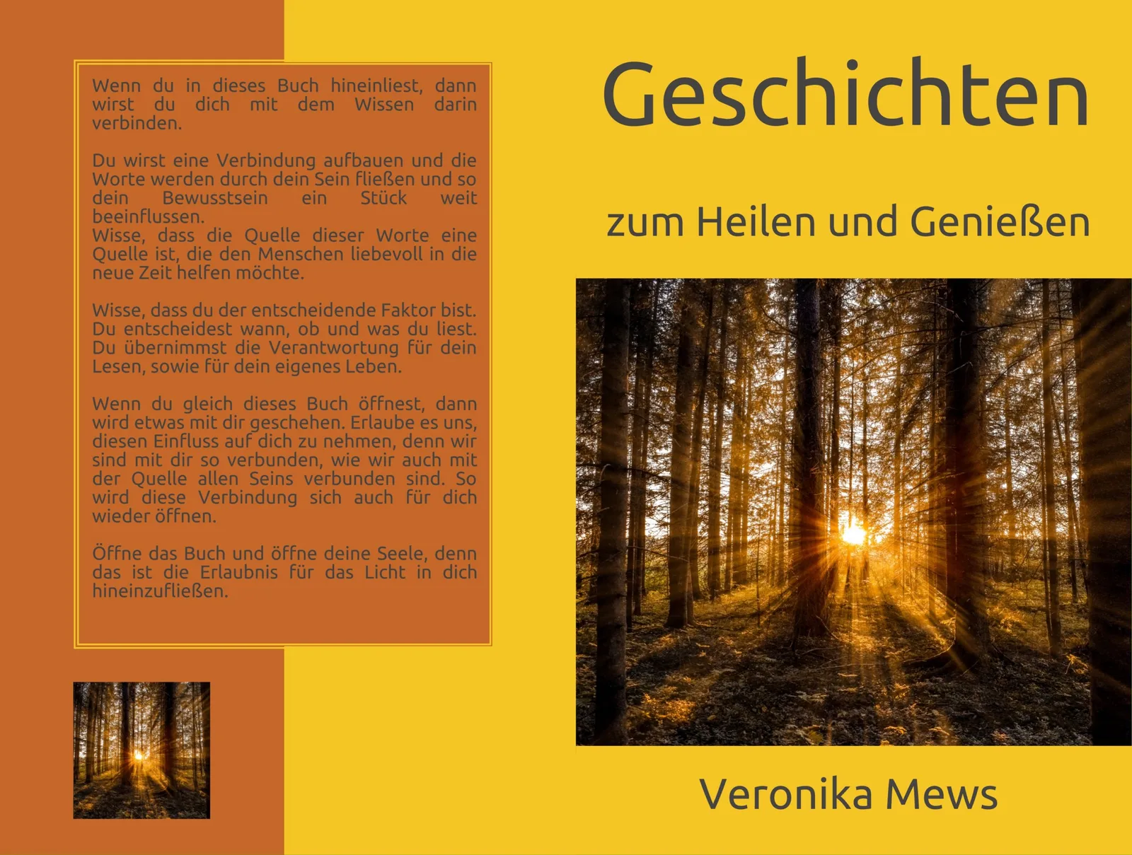 Buch-Mockup-Doppelseite mit Wald-Fotografie und Einführungstext zum Werk Geschichten zum Heilen und Genießen von Veronika Mew