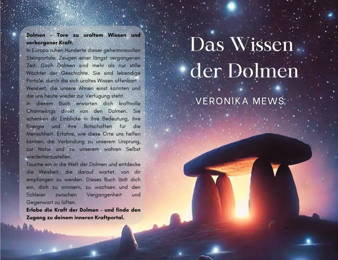 Buch-Cover Das Wissen der Dolmen mit Dolmen-Fotografie bei Sonnenaufgang und Sternen, Text von Veronika Mews