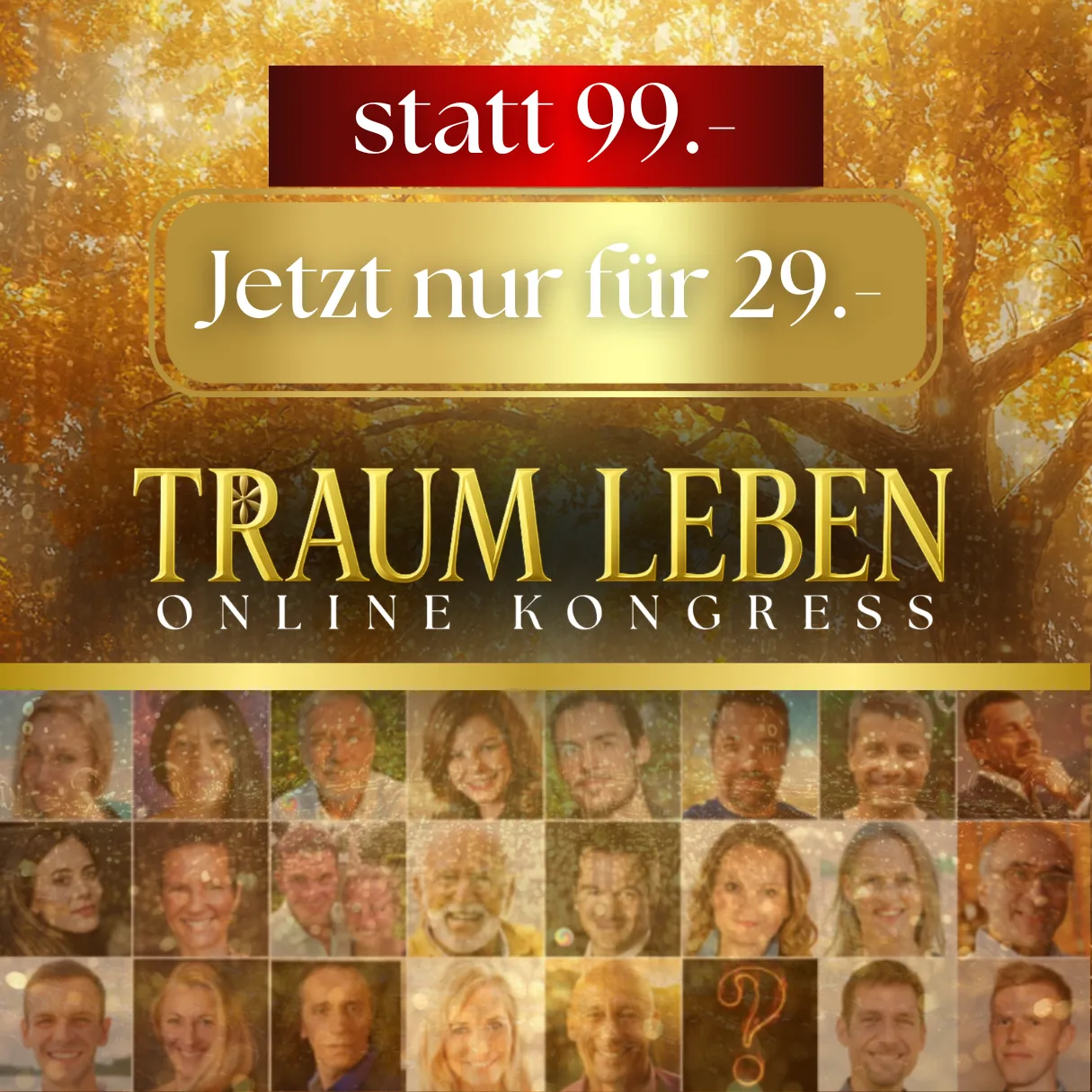 Promo-Grafik mit goldenem Hintergrund, Preisen und Kongress-Speaker-Grid