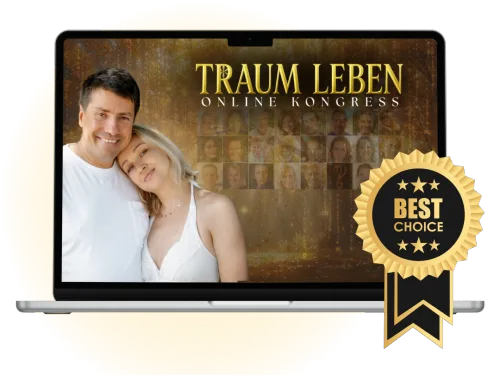 Laptop-Mockup mit Traum Leben Online Kongress und Best-Choice-Siegel