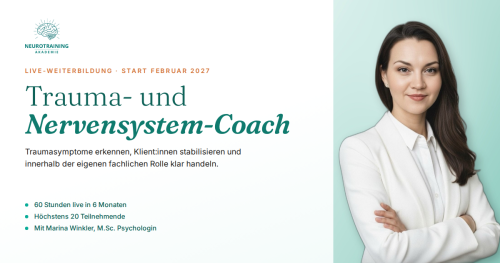 Trauma- und Nervensystem-Coach – Live-Weiterbildung von Marina Winkler 1 Kurs-Banner mit Nervenzelle, Text und Porträt einer Frau in weißer Bluse