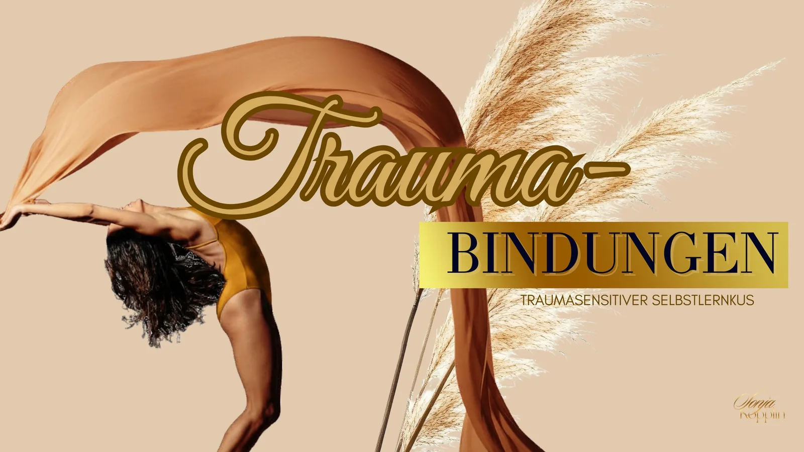 Hero-Banner für Traumabindungen lösen mit Frau in Rückbeuge, goldener Schrift und gelber Textbox