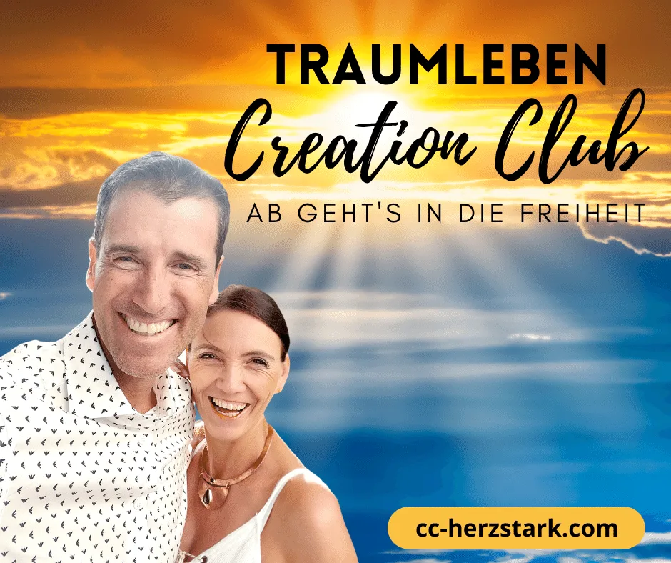 Traumleben Creation Club Hero-Bild mit Paar vor Sonnenuntergang und Meer, Text ab geht's in die Freiheit