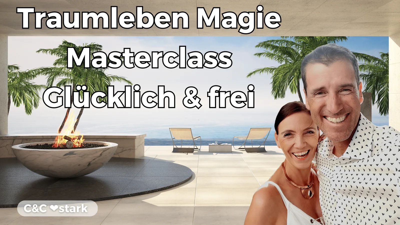 Hero-Banner der Traumleben Magie Masterclass mit Paar am Strand und Text Glücklich & frei