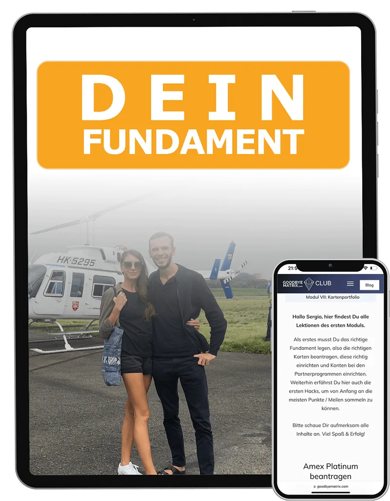 Mockup iPad und iPhone zeigen Kursmodul Dein Fundament mit Paar vor Privatflugzeug