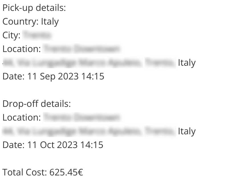Buchungsdaten einer Mietwagen-Reservierung in Italien mit Gesamtkosten von 625,45 Euro