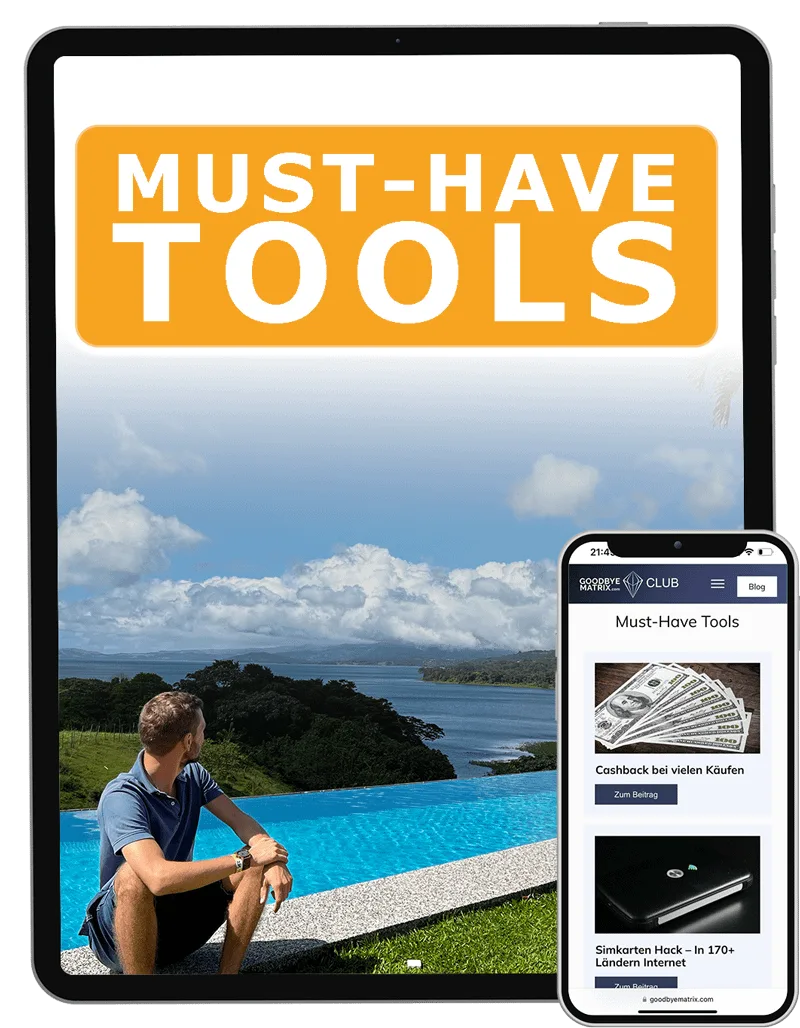 Mockup iPad und iPhone zeigen Kursmodul Must-Have Tools mit Mann am Pool