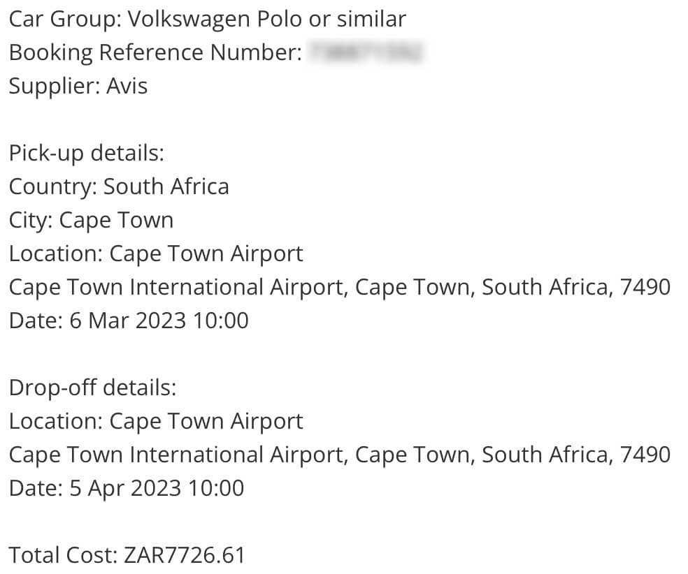 Avis Mietwagen Booking in Südafrika ab Cape Town mit Gesamtkosten ZAR 7726,61