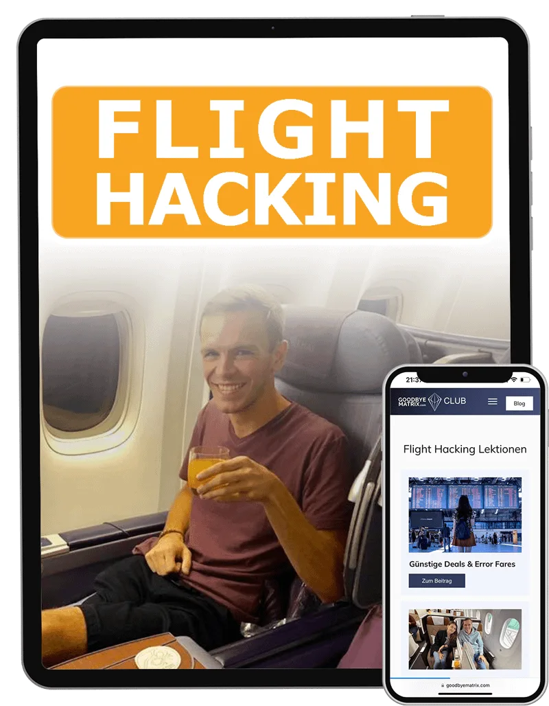 Mockup iPad und iPhone zeigen Kursmodul Flight Hacking mit Mann im Flugzeugsitz