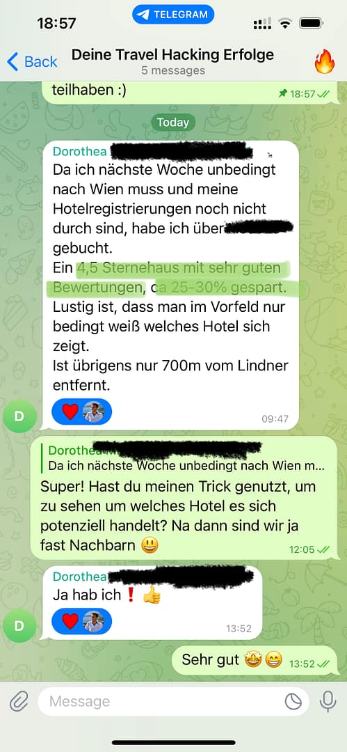 Telegram-Chat Kursteilnehmer fragt Mentor-Advice zu Hotel in Wien mit Meilen