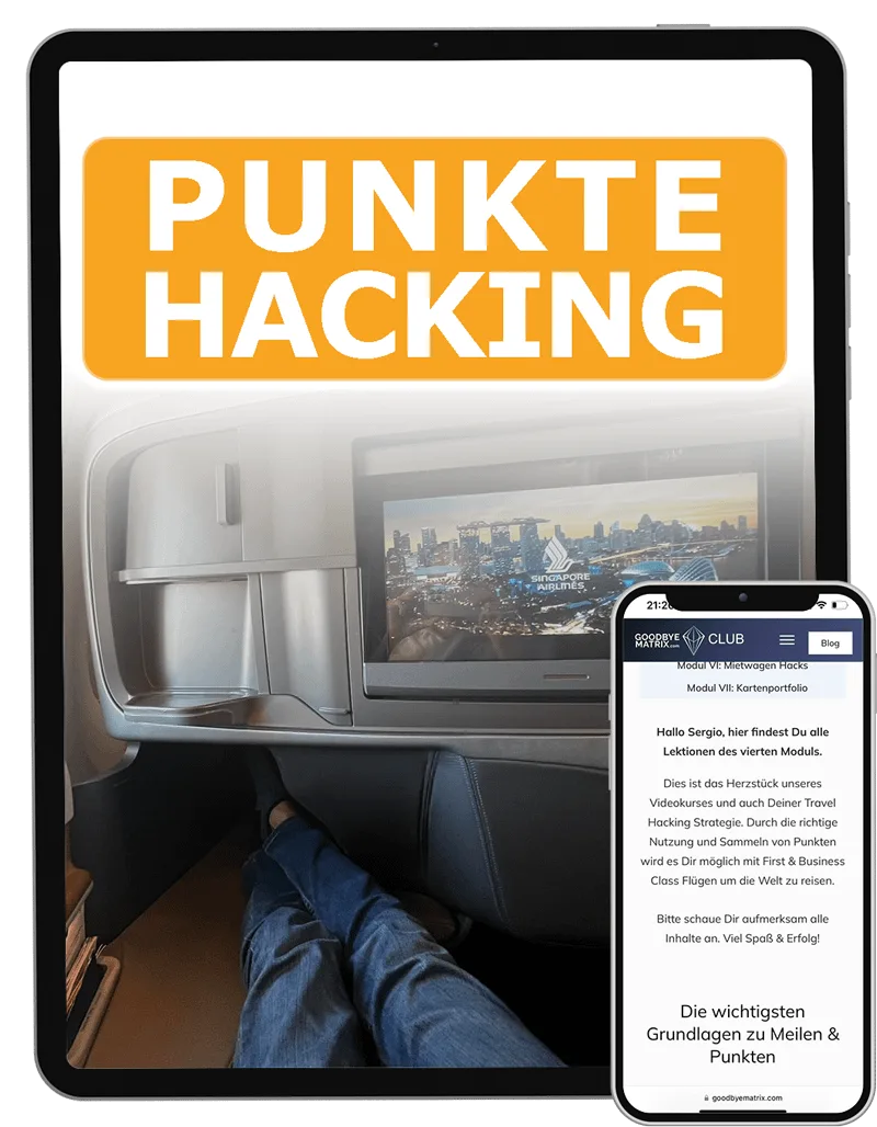 Mockup iPad und iPhone zeigen Kursmodul Punkte Hacking mit Flugzeugfenster
