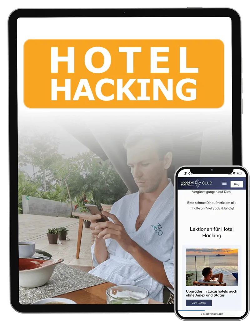 Mockup iPad und iPhone zeigen Kursmodul Hotel Hacking mit Mann in Pool-Villa