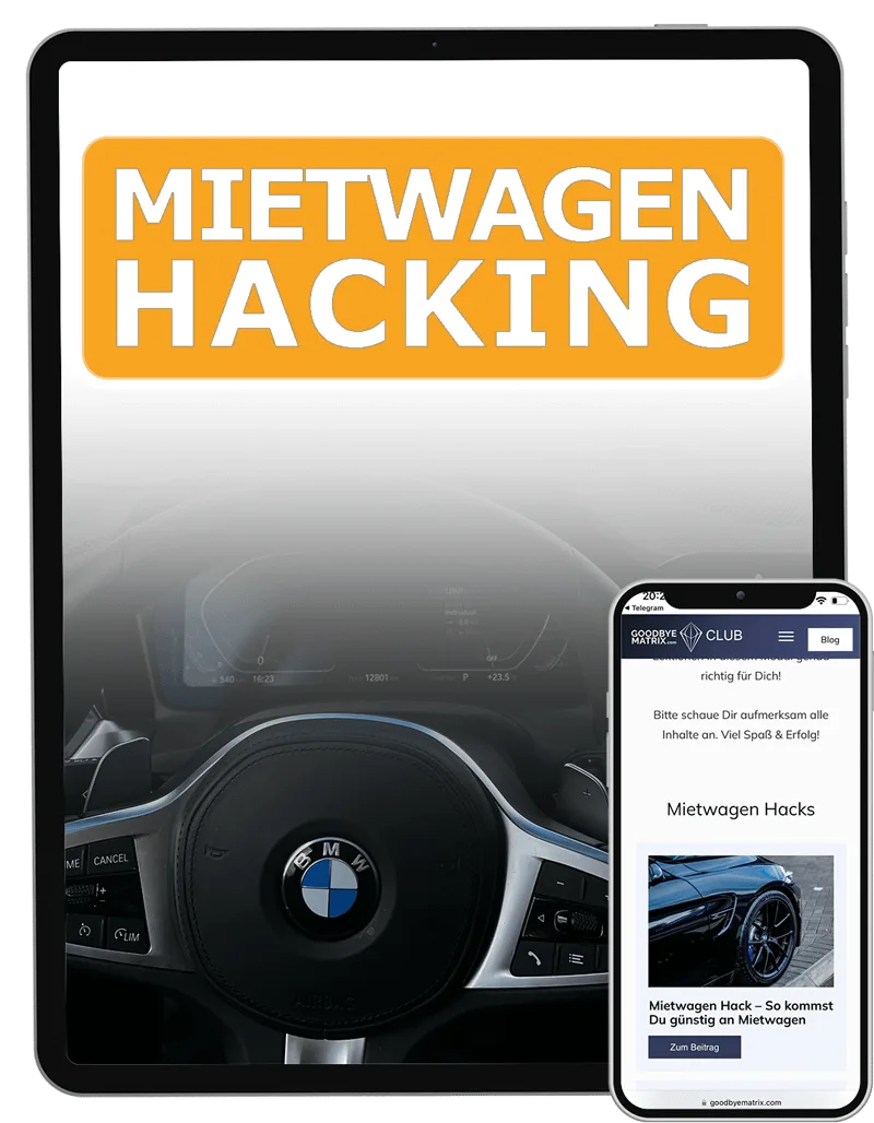 Mockup eines Tablet und Smartphone mit Orange-gelbem Banner MIETWAGEN HACKING