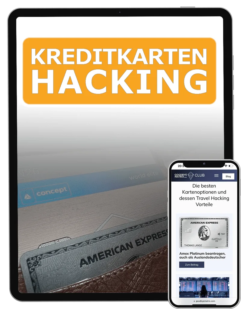 Mockup eines Tablet und Smartphone mit Orange-gelbem Banner KREDITKARTEN HACKING