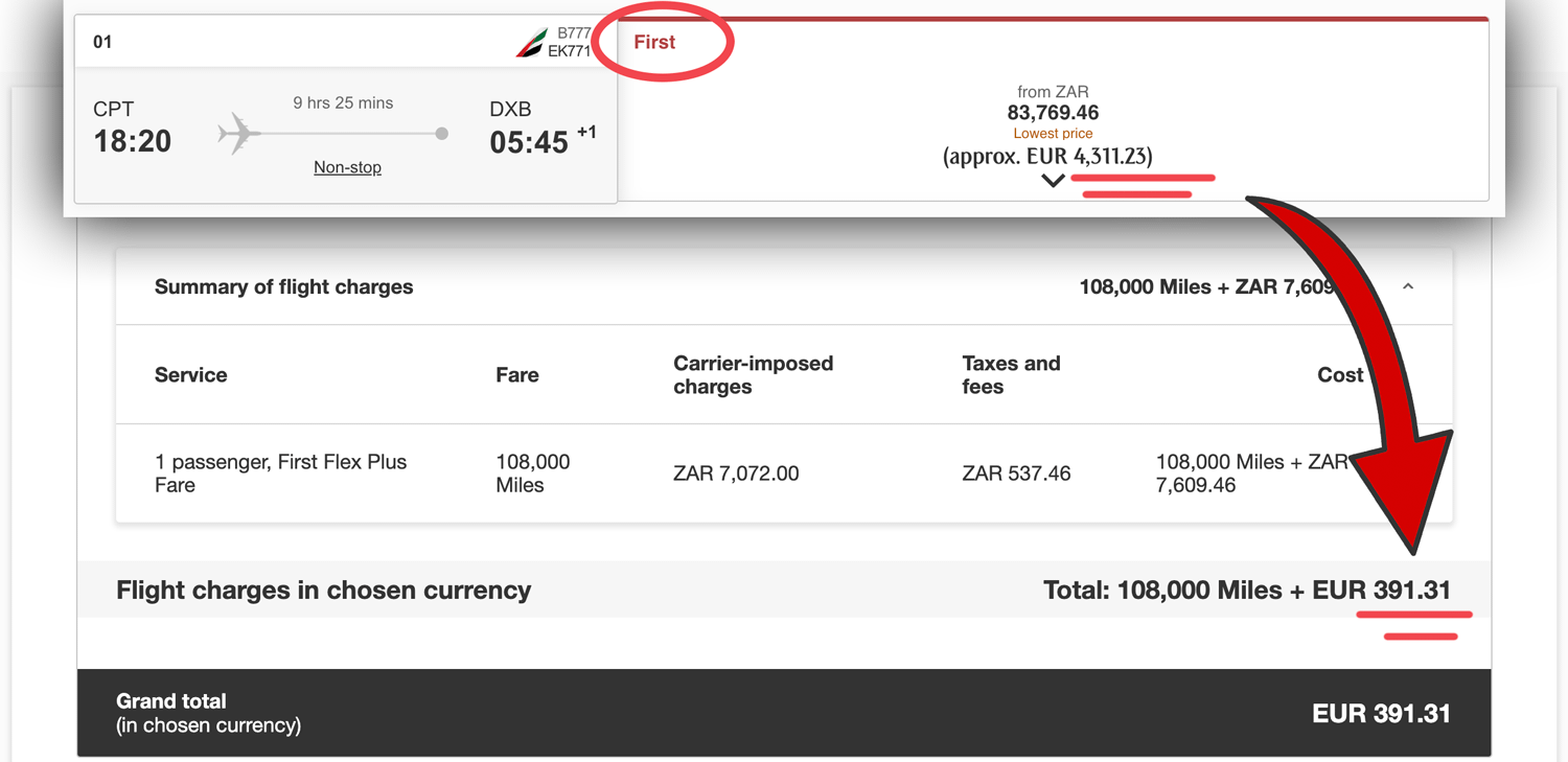 Screenshot First Class Flugbuchung Emirates von Kairo nach Dubai mit Meilen bezahlt