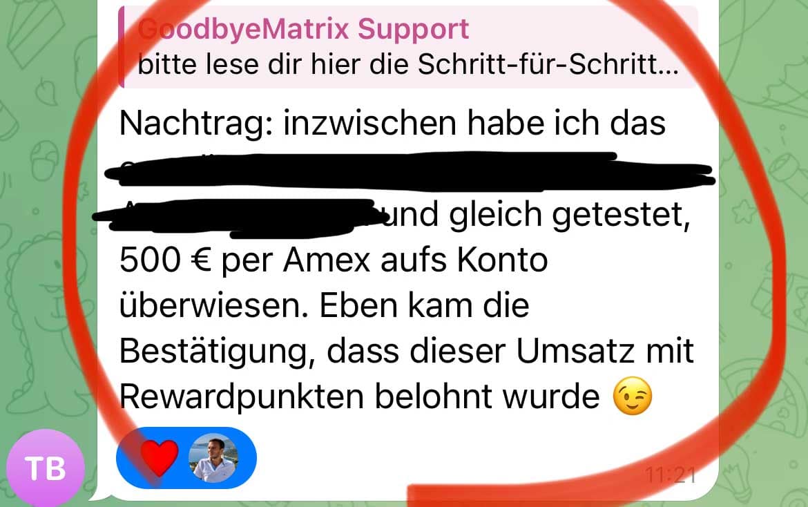 GoodbyeMatrix Support-Nachricht mit Amex Cashback auf Rewards-Konto verbucht