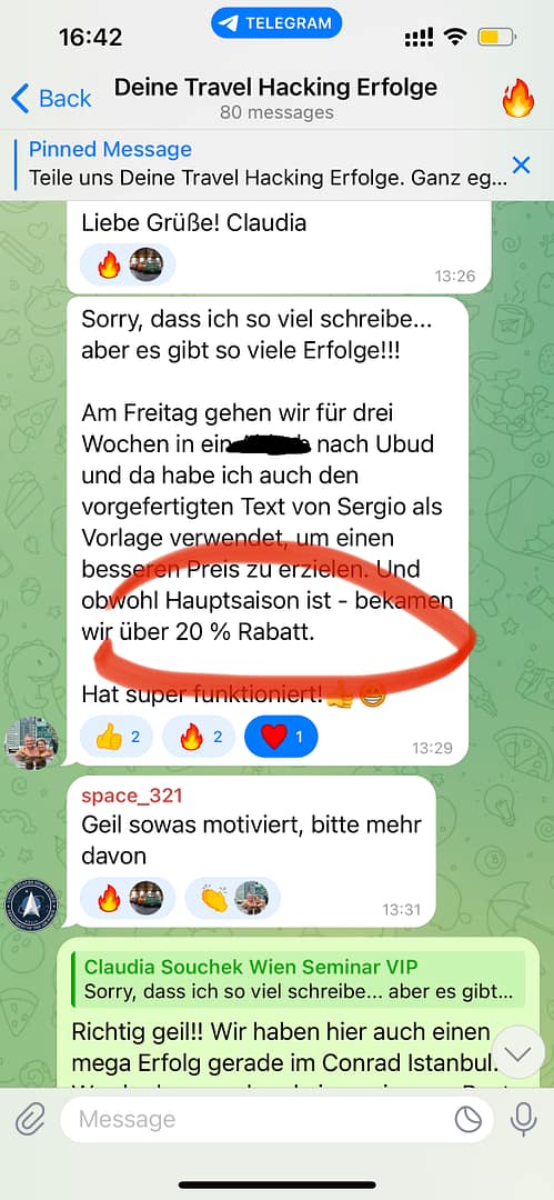 Telegram-Screenshot einer Erfolgsmitteilung von Claudia über Ubud-Reise und 20% Rabatt beim Conrad-Hotel