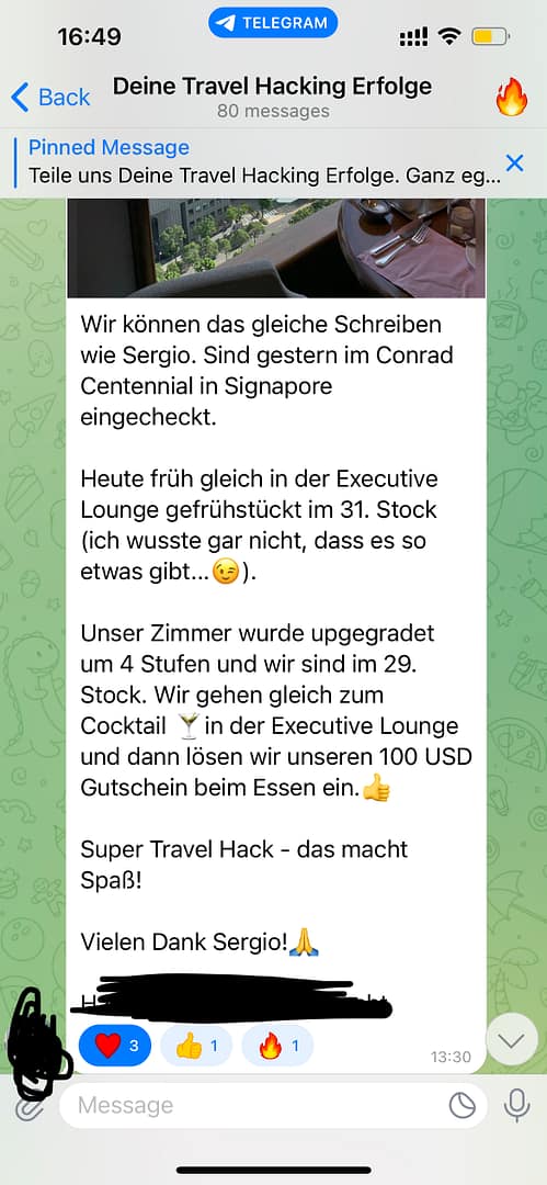 Telegram-Screenshot von Hotelbild mit Kundenerfolg beim Conrad Singapore und Bangkok Booking