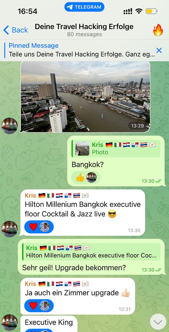 Telegram-Screenshot mit Bangkok-Luftbild und Erfolgsstory von Kris über Hilton Millennium Bangkok