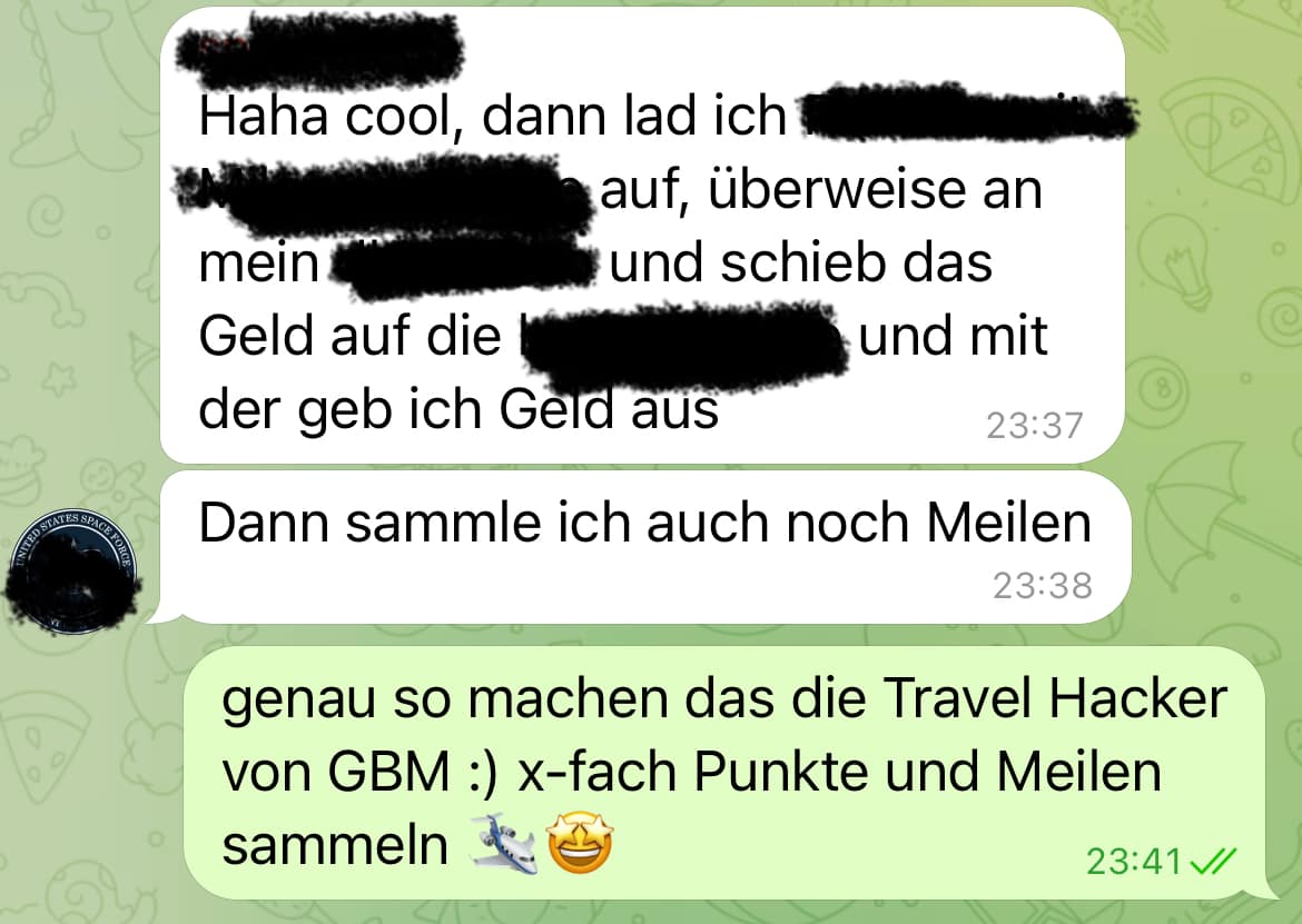 WhatsApp-Nachricht eines Kursteilnehmers über Travel Hacking Erfolg und Meiliensammlung