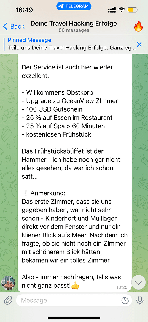 Telegram-Screenshot der Fortsetzung einer Kundenstimme über Conrad Bali Hotelaufenthalt