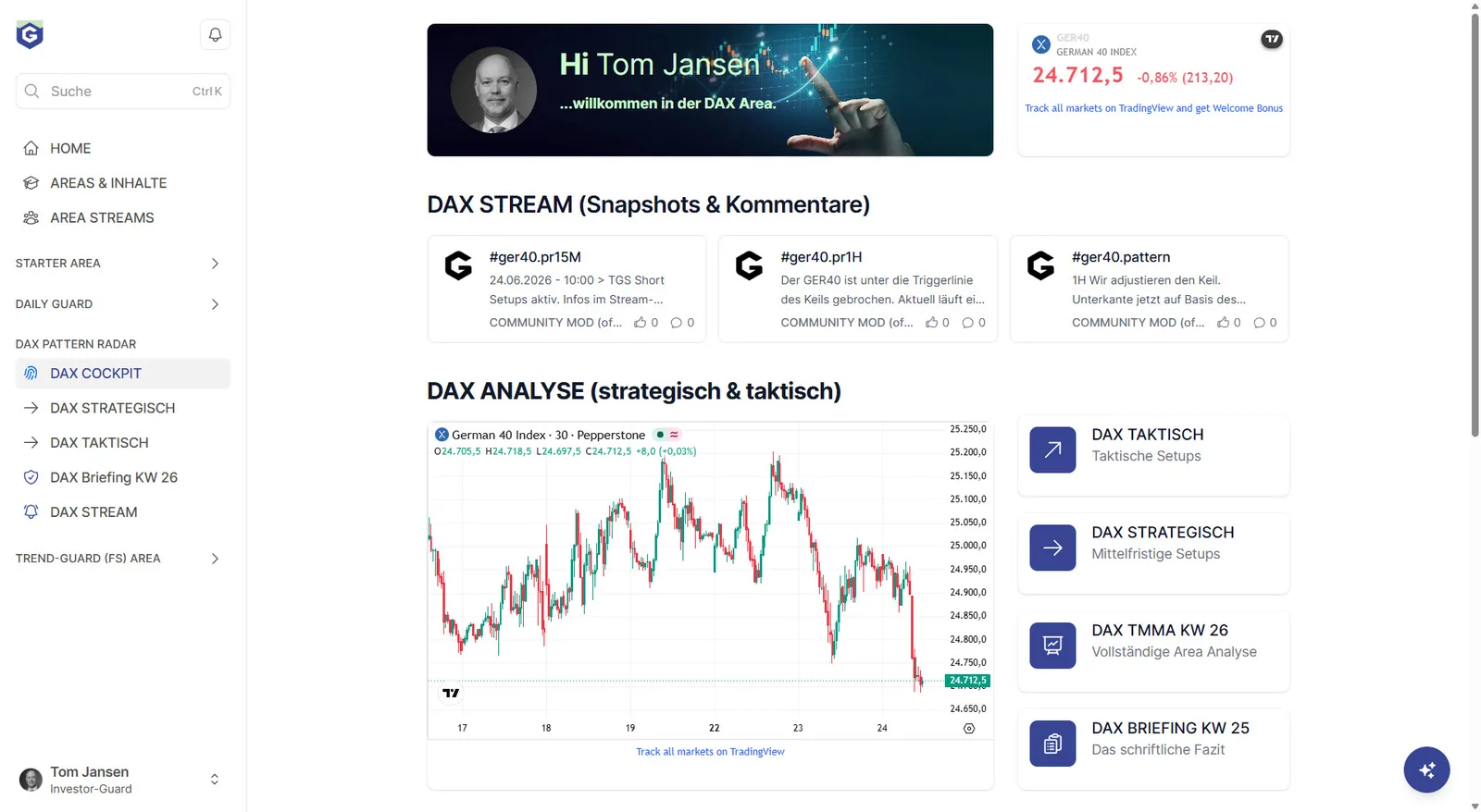 Trend-Guard Systems Full Suite – KI-Trading-Software von Thomas Jansen 10 Investor-Guard Startseite mit Willkommensgruß, DAX Stream-Beiträgen, Analyse-Chart und Zugriff auf alle Modulbereiche