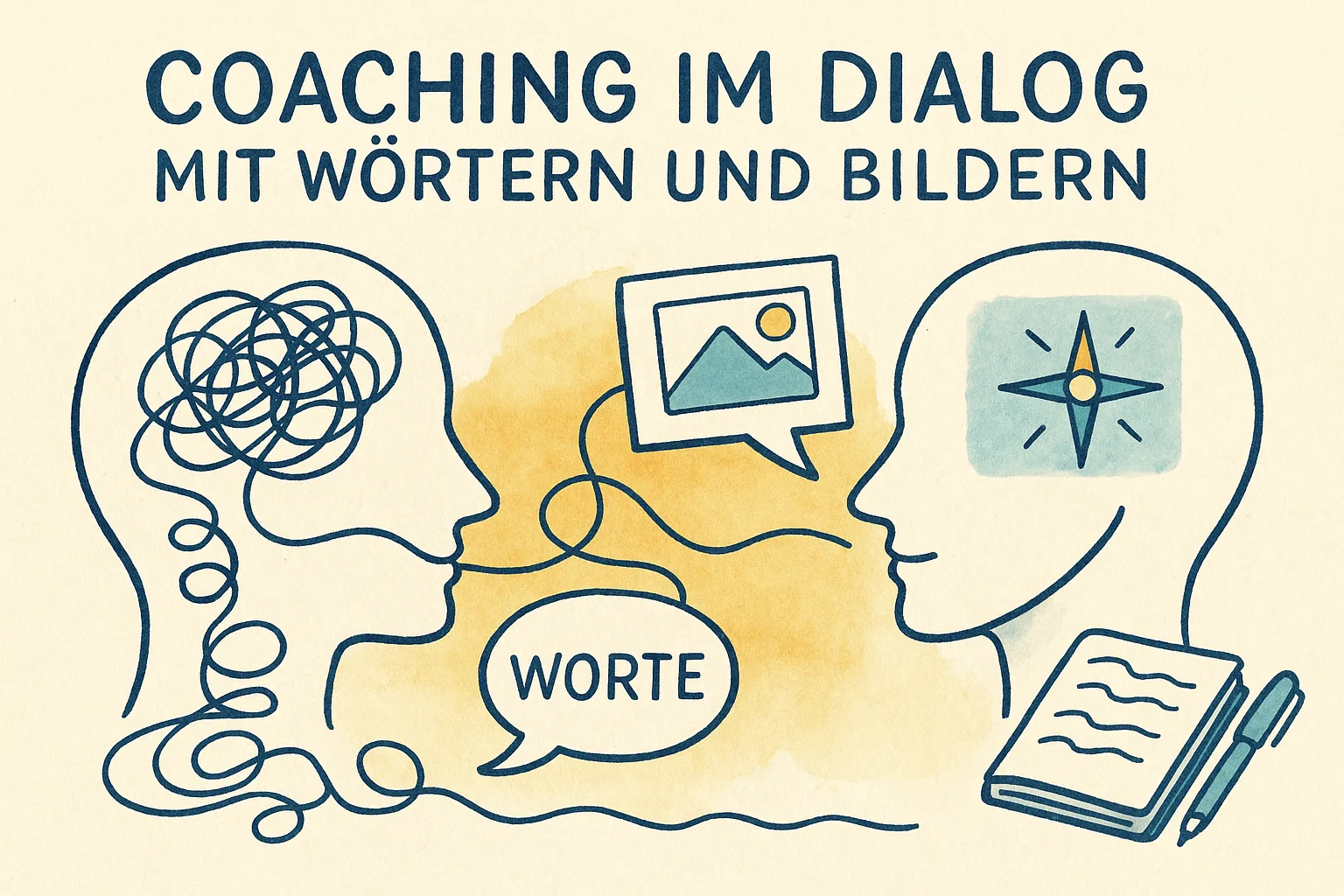 Zwei Köpfe im Profil mit Gedankenblase, Text und Icons für Worte, Bilder und Notizen