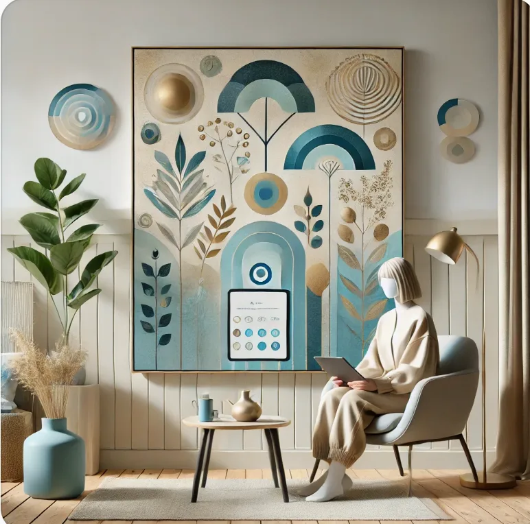 Frau sitzt vor Kunstwerk mit geometrischen Motiven und arbeitet am Laptop