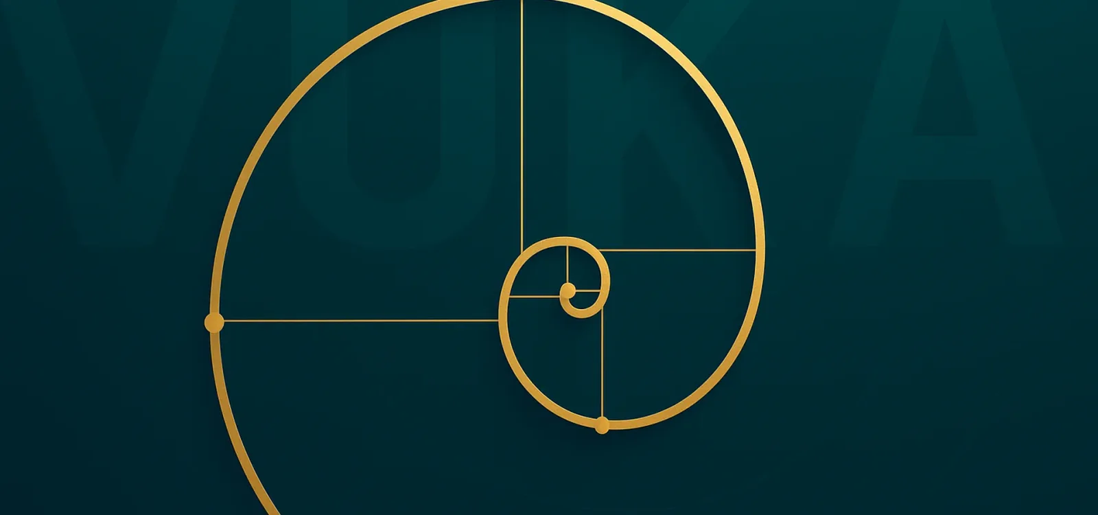 Goldene Fibonacci-Spirale auf dunkelblauem Hintergrund mit geometrischen Linien