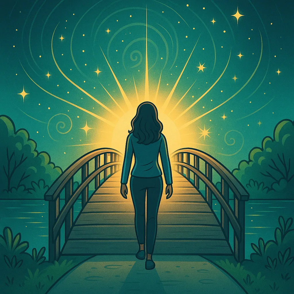 Frau auf Brücke mit Lichtstrahlen, von hinten, mystische grüne Umgebung mit Spiralen