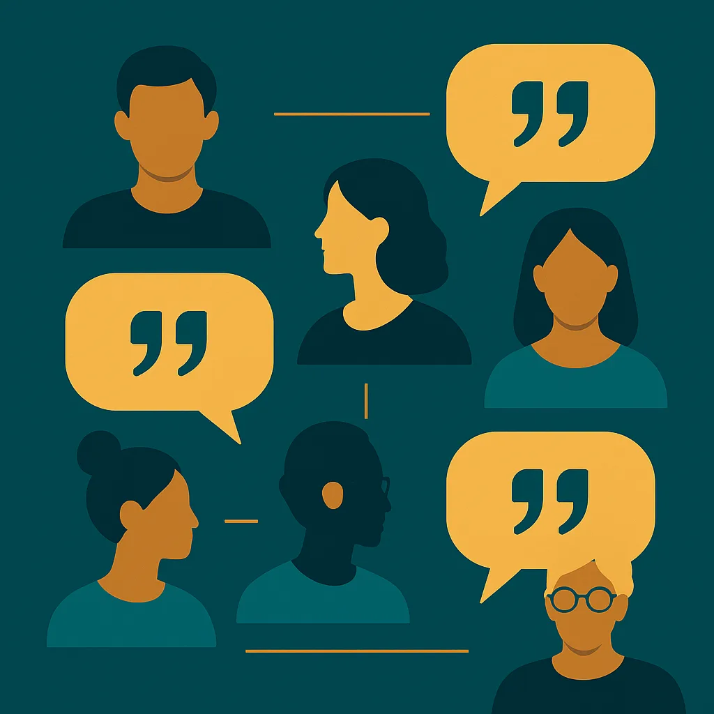 Illustration mit fünf abstrakten Personen und gelben Sprechblasen mit Anführungszeichen