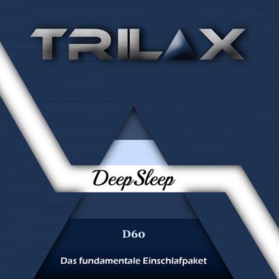 Trilax-DeepSleep D60 Produktabbildung mit Pyramiden-Design und Claim auf dunkelblauem Hintergrund