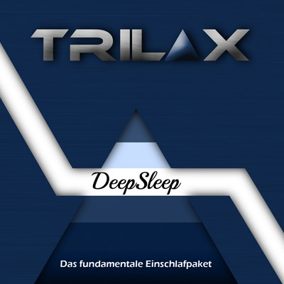 Trilax-DeepSleep Logo mit Pyramiden-Design und Claim Das fundamentale Einschlafpaket auf dunkelblauem Hintergrund