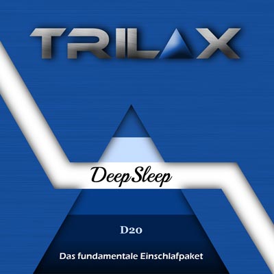 Trilax-DeepSleep D20 Produktabbildung mit Pyramiden-Design und Claim auf dunkelblauem Hintergrund