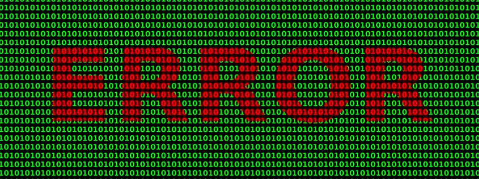 Binärcode-Hintergrund mit rotem Fragezeichen-Muster auf grünem Displaycode