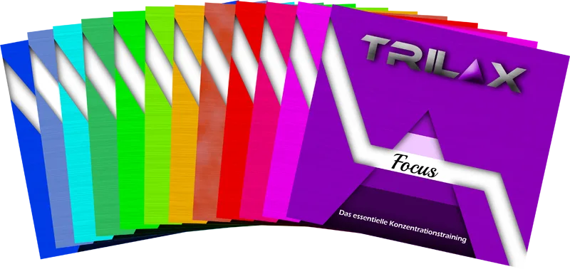 Trilax Focus Programm-Cover mit bunten Farbverlauf-Designs in Fächerform