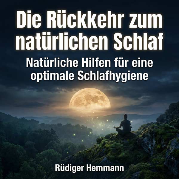 Cover des Buches 'Die Rückkehr zum natürlichen Schlaf' von Rüdiger Hemmann mit Mondszenerie und meditierender Person