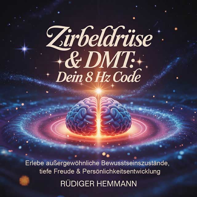 Cover des Buches 'Zirbeldrüse & DMT: Dein 8 Hz Code' von Rüdiger Hemmann mit leuchtender Gehirn-Visualisierung und Sternen