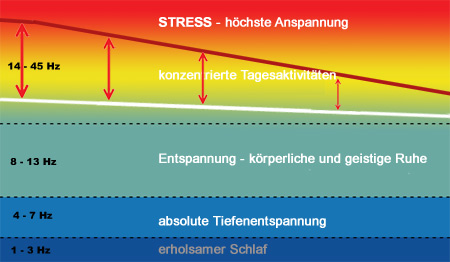 EEG-Frequenzdiagramm mit abnehmenden Stress-Pegel durch Trilax-Anwendung zeigt Reduktion von hochfrequenten Wellen