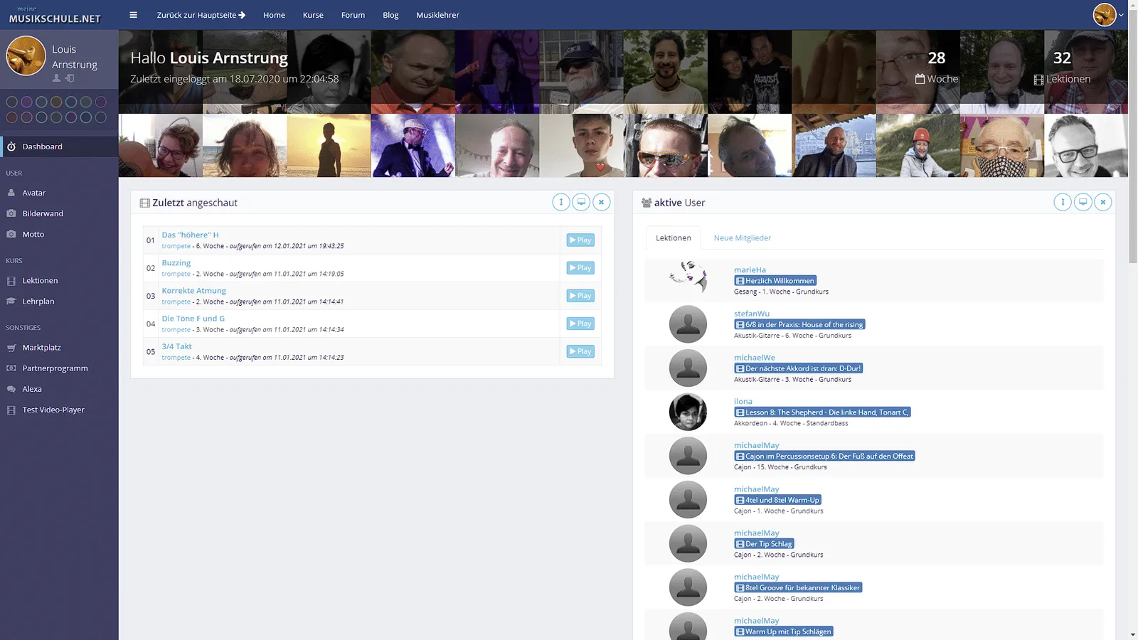 Trompete lernen – Komplettkurs von Tobi Till Krüger 8 Screenshot der Kurs-Community mit Willkommensnachricht, aktiven Benutzern und Lektionsübersicht