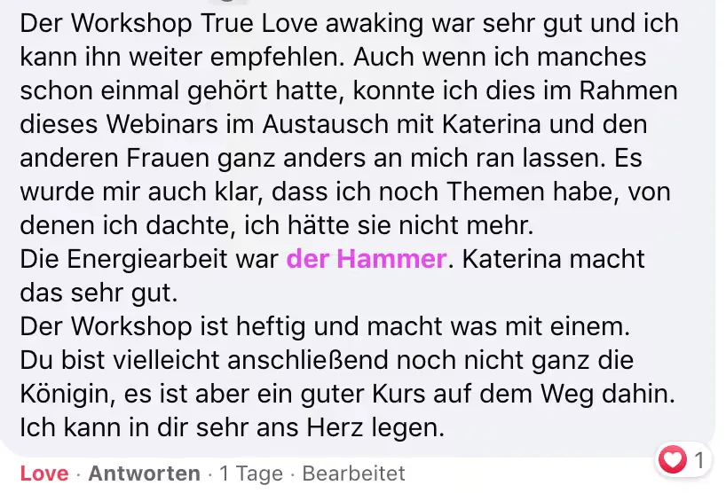 Kundenstimme zum True Love Awakening Workshop