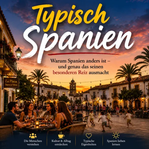 Cover des E-Books Typisch Spanien mit spanischem Platz bei Sonnenuntergang und Menschen beim Essen