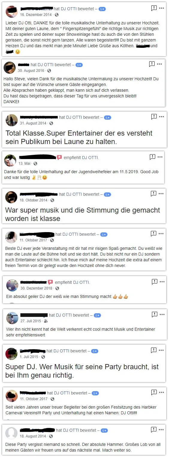 Über 50 schnelle Wasserkocher Rezepte – Kochbuch als E-Book 6 Sammlung von Facebook-Kundenbewertungen für DJ OTTI mit mehreren positiven Testimonials
