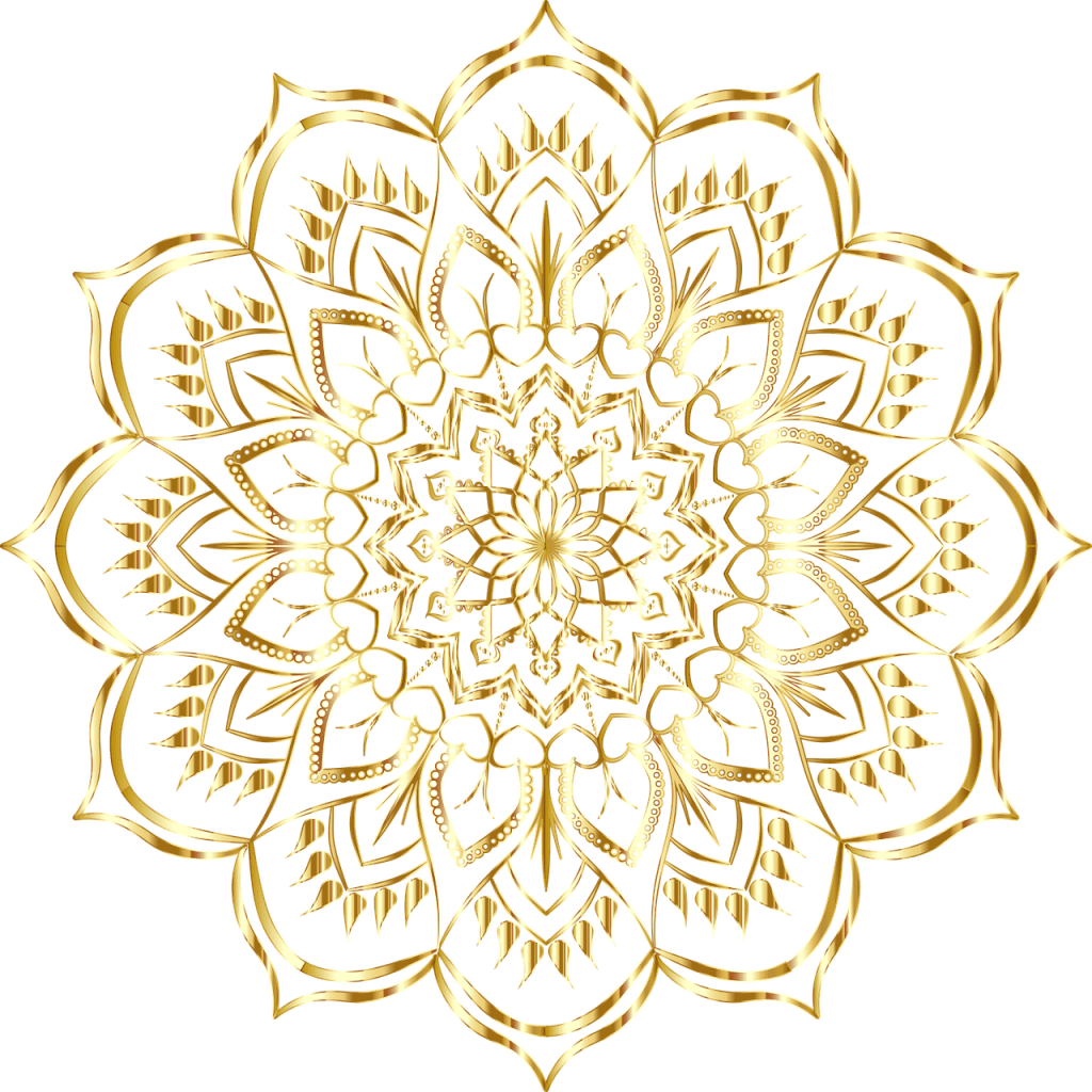 Goldenes Mandala mit symmetrischen Blütenmustern und Ornamenten