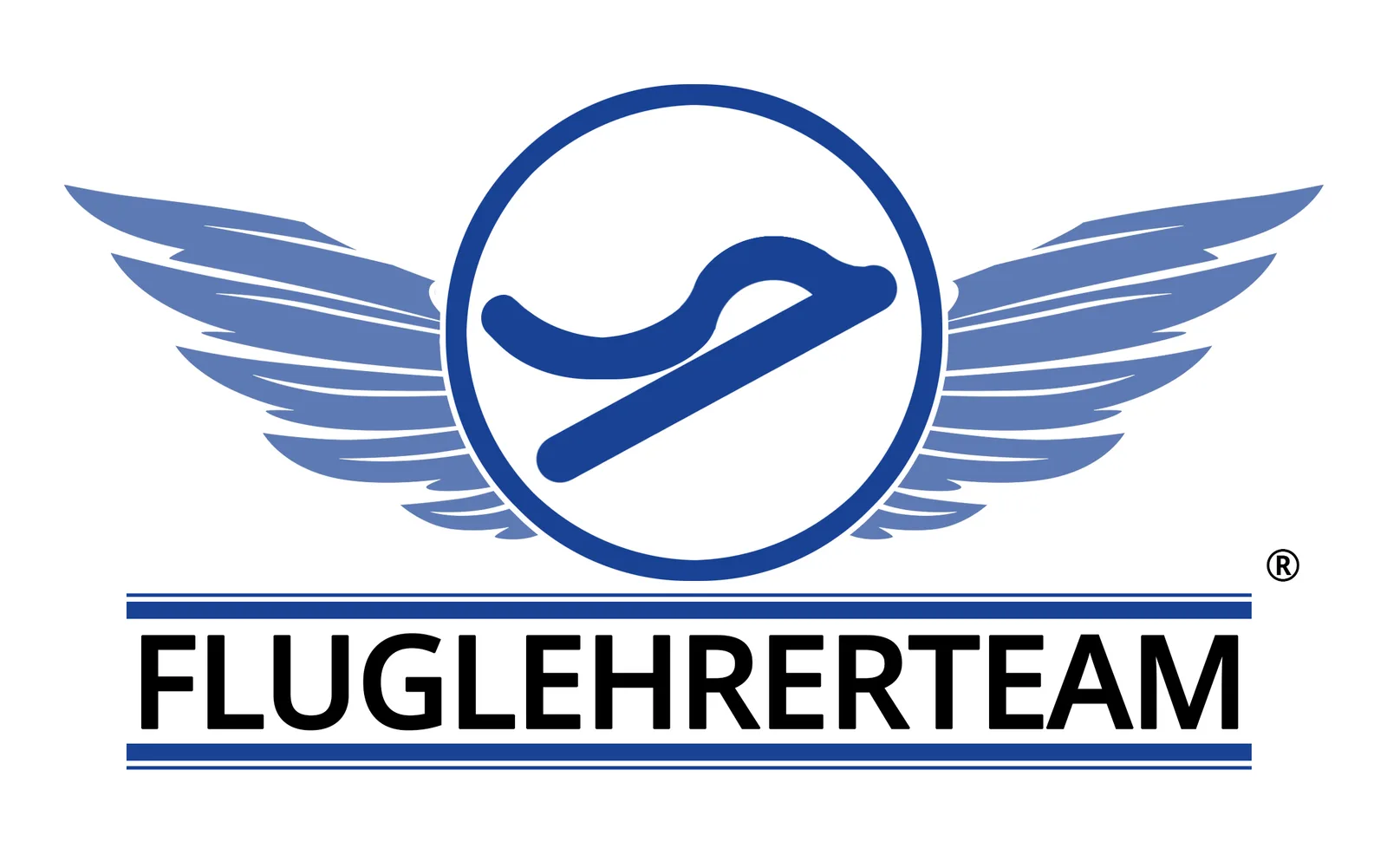 Fluglehrer Team Wortbildmarke hochauflösend mit blauen Flügeln