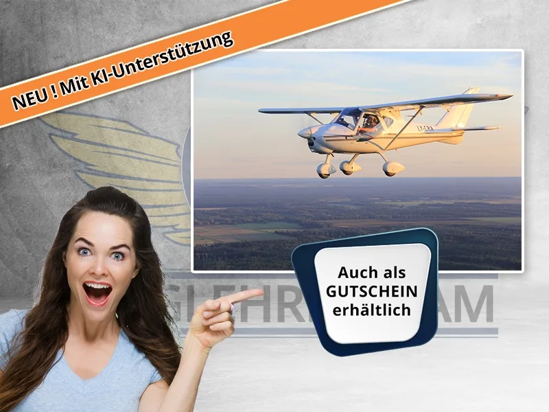 Hero-Banner für UL-Onlinekurse mit Flugzeug in der Luft, lächelnde Frau mit Flügeln und Hinweis auf KI-Unterstützung und Guts