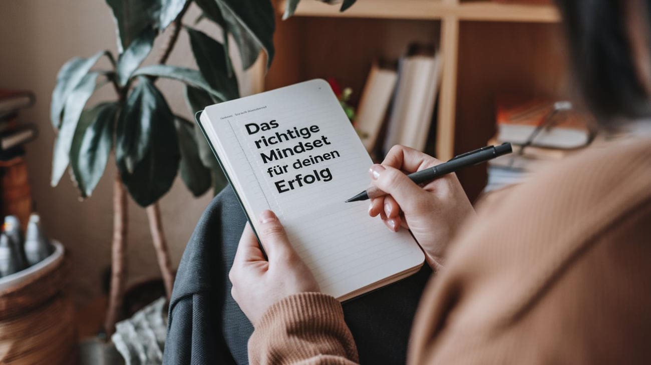 Frau hält Notizbuch mit Text 'Das richtige Mindset für deinen Erfolg' in Hand mit Stift