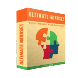 Ultimate Mindset Produktbox mit buntem Kopf-Puzzle-Design auf orangegelbem Hintergrund