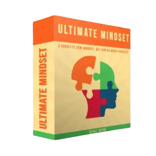 Ultimate Mindset Produktbox mit buntem Kopf-Puzzle-Design auf orangegelbem Hintergrund