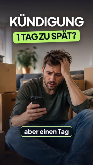 Instagram-Story: Besorgt wirkender Mann mit Smartphone, Text Kündigung 1 Tag zu spät, aber einen Tag